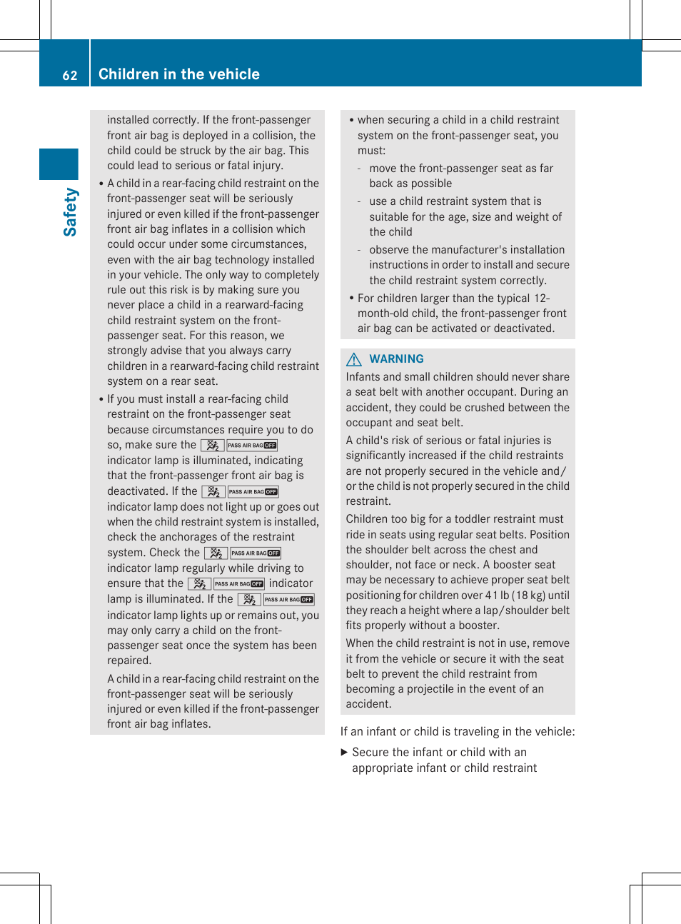 Safety, Children in the vehicle | Mercedes-Benz GL-Class 2012 Owners Manual User Manual | Page 64 / 384