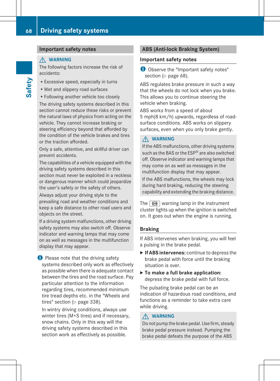 Important safety notes, Abs (anti-lock braking system), Safety | Driving safety systems | Mercedes-Benz GL-Class 2012 Owners Manual User Manual | Page 70 / 384