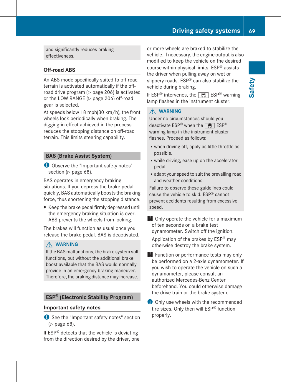 Bas (brake assist system), Esp® (electronic stability program), Safety | Driving safety systems | Mercedes-Benz GL-Class 2012 Owners Manual User Manual | Page 71 / 384