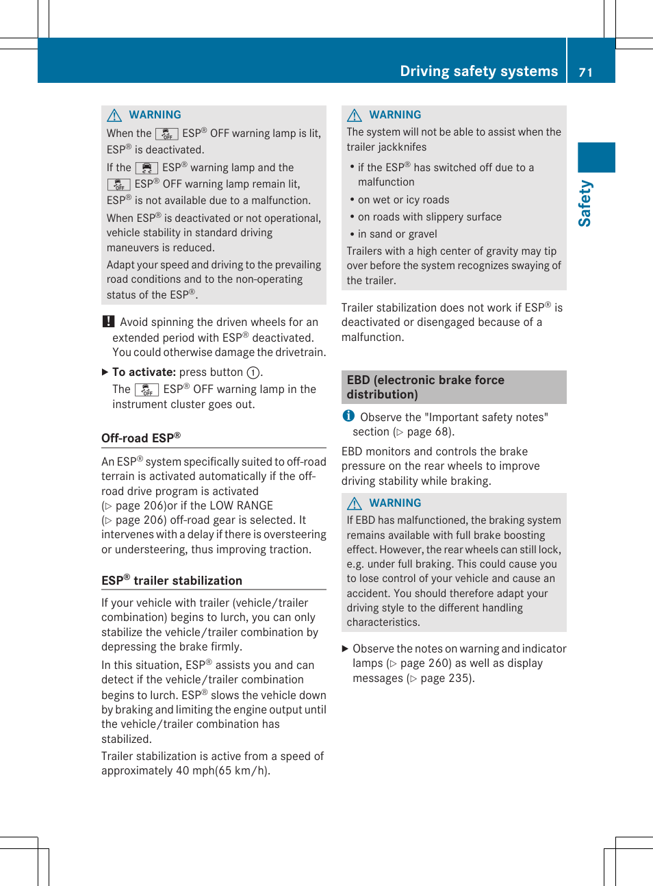 Ebd (electronic brake force distribution), Safety, Driving safety systems | Mercedes-Benz GL-Class 2012 Owners Manual User Manual | Page 73 / 384