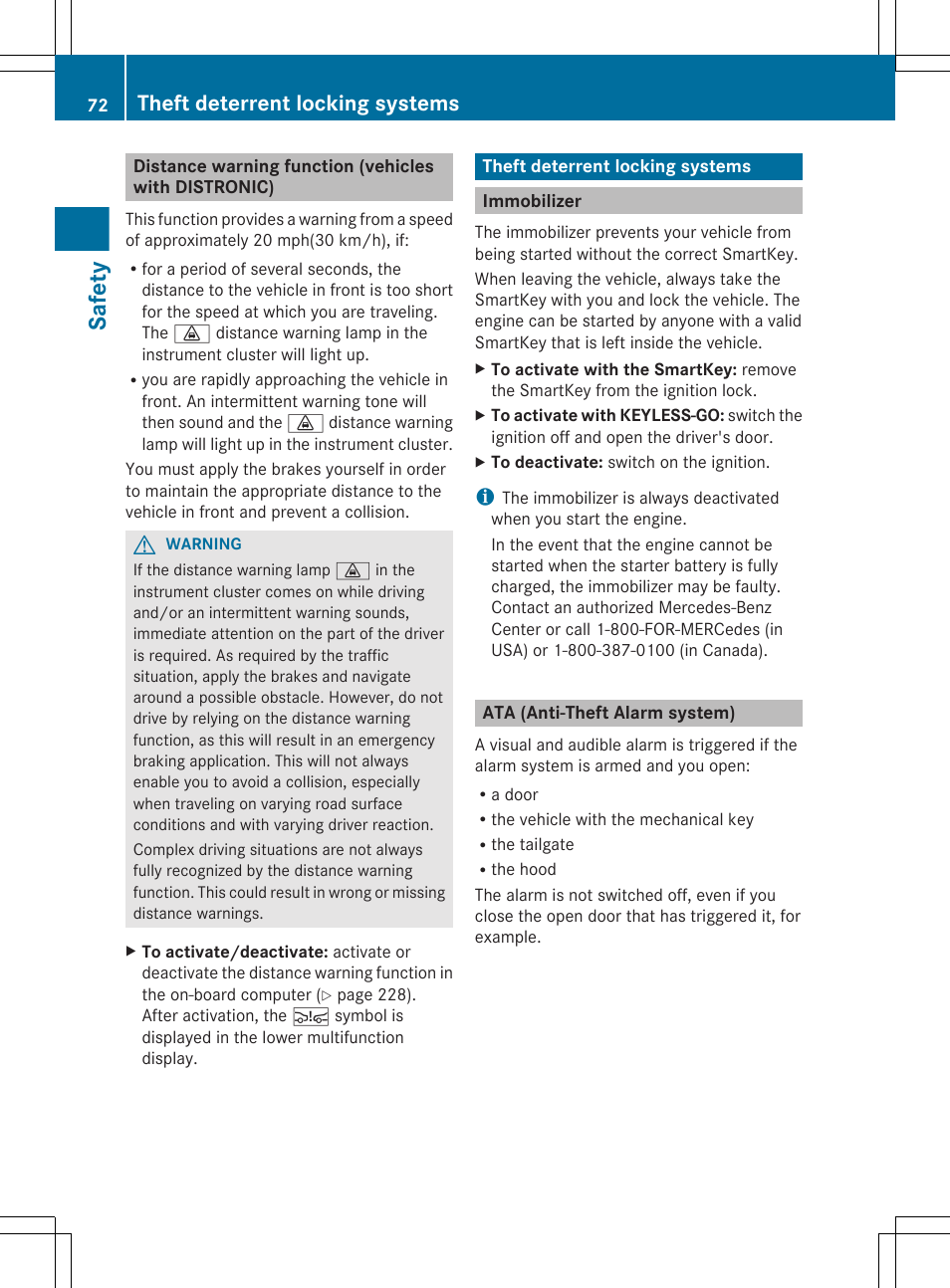 Theft deterrent locking systems, Immobilizer, Ata (anti-theft alarm system) | Safety | Mercedes-Benz GL-Class 2012 Owners Manual User Manual | Page 74 / 384