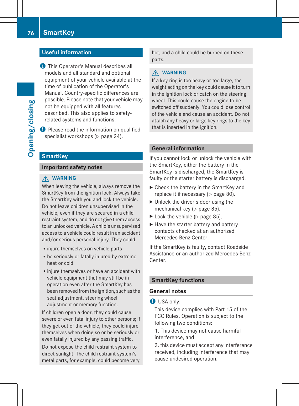Opening/closing, Useful information, Smartkey | Important safety notes, General information, Smartkey functions | Mercedes-Benz GL-Class 2012 Owners Manual User Manual | Page 78 / 384