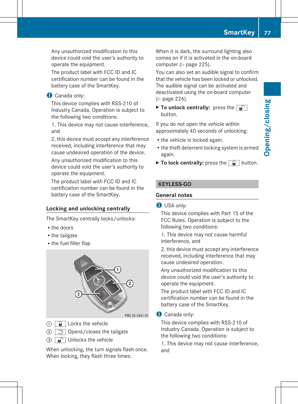 Keyless-go, Opening/closing, Smartkey | Mercedes-Benz GL-Class 2012 Owners Manual User Manual | Page 79 / 384