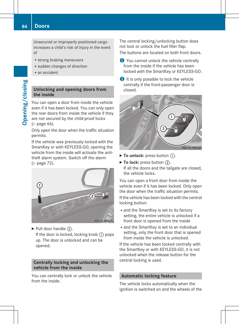 Unlocking and opening doors from the inside, Automatic locking feature, Opening/closing | Doors | Mercedes-Benz GL-Class 2012 Owners Manual User Manual | Page 86 / 384