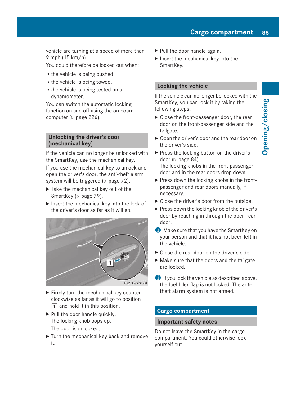Unlocking the driver's door (mechanical key), Locking the vehicle, Cargo compartment | Important safety notes, Mechanical key, Lock the vehicle, Lock, Opening/closing | Mercedes-Benz GL-Class 2012 Owners Manual User Manual | Page 87 / 384