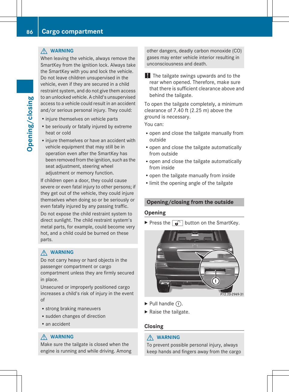 Opening/closing from the outside, Opening/closing, Cargo compartment | Mercedes-Benz GL-Class 2012 Owners Manual User Manual | Page 88 / 384