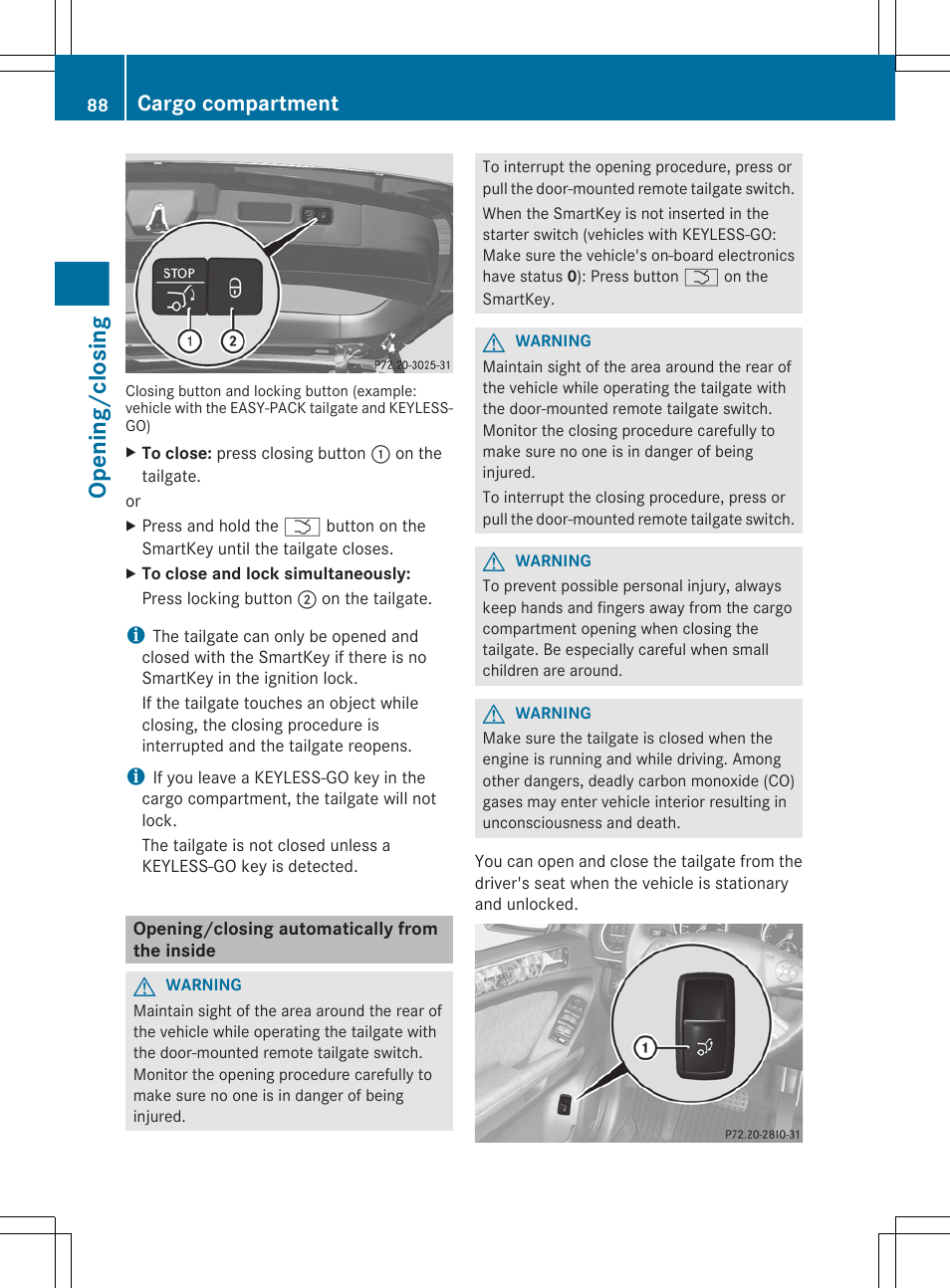 Opening/closing automatically from the inside, Opening/closing, Cargo compartment | Mercedes-Benz GL-Class 2012 Owners Manual User Manual | Page 90 / 384
