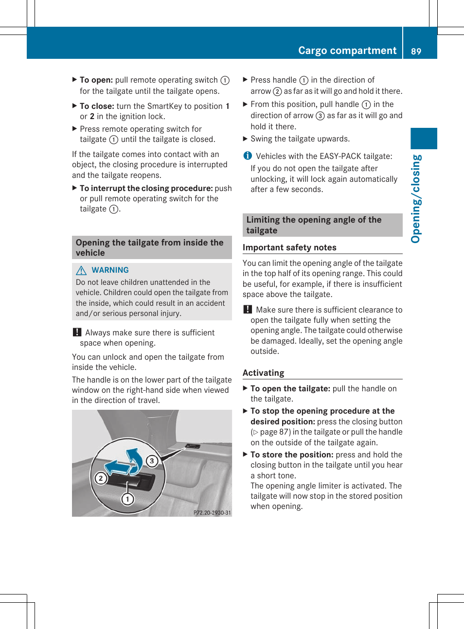 Opening the tailgate from inside the vehicle, Limiting the opening angle of the tailgate, Opening/closing | Cargo compartment | Mercedes-Benz GL-Class 2012 Owners Manual User Manual | Page 91 / 384