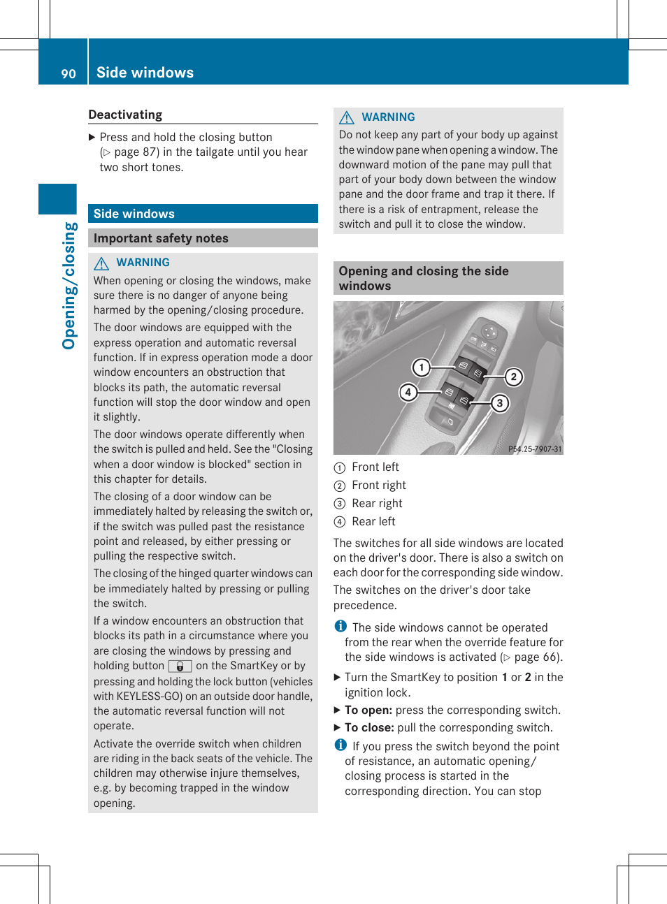 Side windows, Important safety notes, Opening and closing the side windows | Opening/closing | Mercedes-Benz GL-Class 2012 Owners Manual User Manual | Page 92 / 384