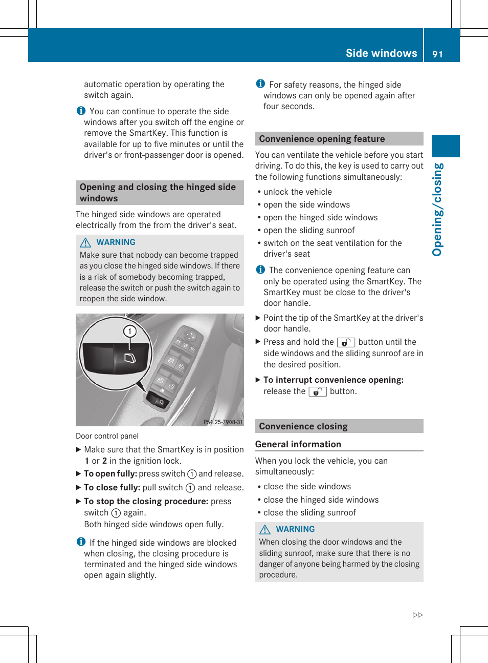 Opening and closing the hinged side windows, Convenience opening feature, Convenience closing | Opening/closing, Side windows | Mercedes-Benz GL-Class 2012 Owners Manual User Manual | Page 93 / 384