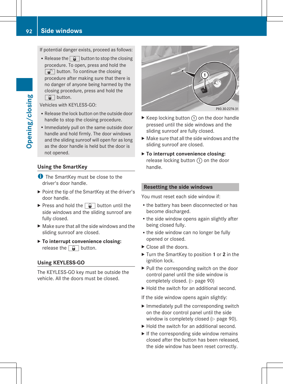 Resetting the side windows, Opening/closing, Side windows | Mercedes-Benz GL-Class 2012 Owners Manual User Manual | Page 94 / 384