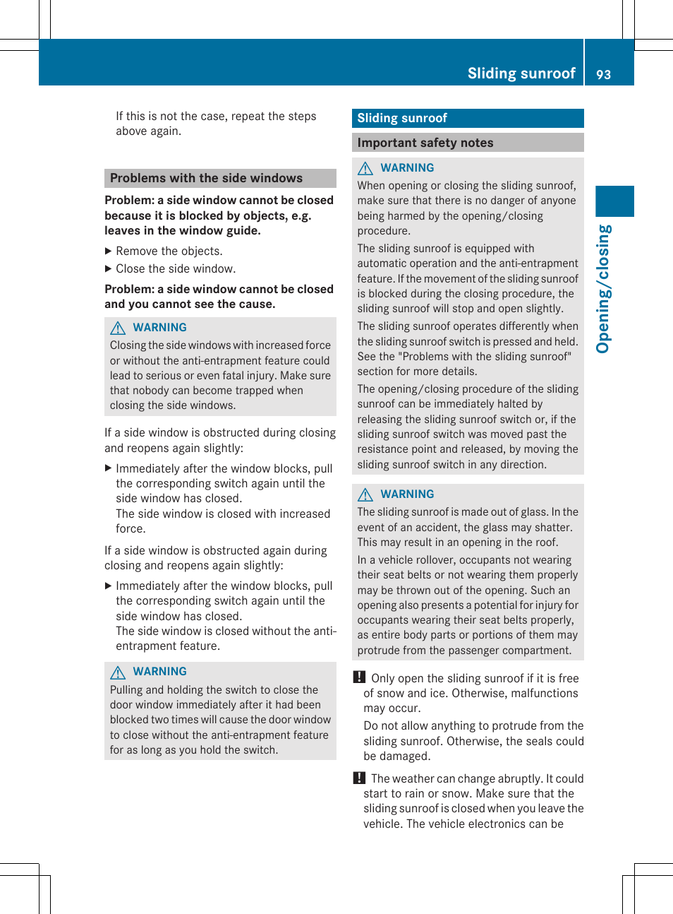 Problems with the side windows, Sliding sunroof, Important safety notes | Opening/closing | Mercedes-Benz GL-Class 2012 Owners Manual User Manual | Page 95 / 384