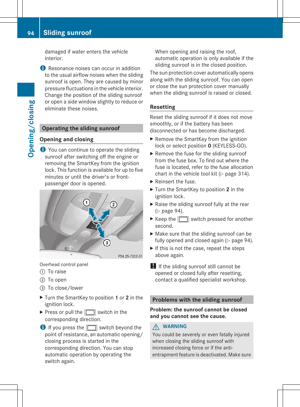 Operating the sliding sunroof, Problems with the sliding sunroof, Opening/closing | Sliding sunroof | Mercedes-Benz GL-Class 2012 Owners Manual User Manual | Page 96 / 384