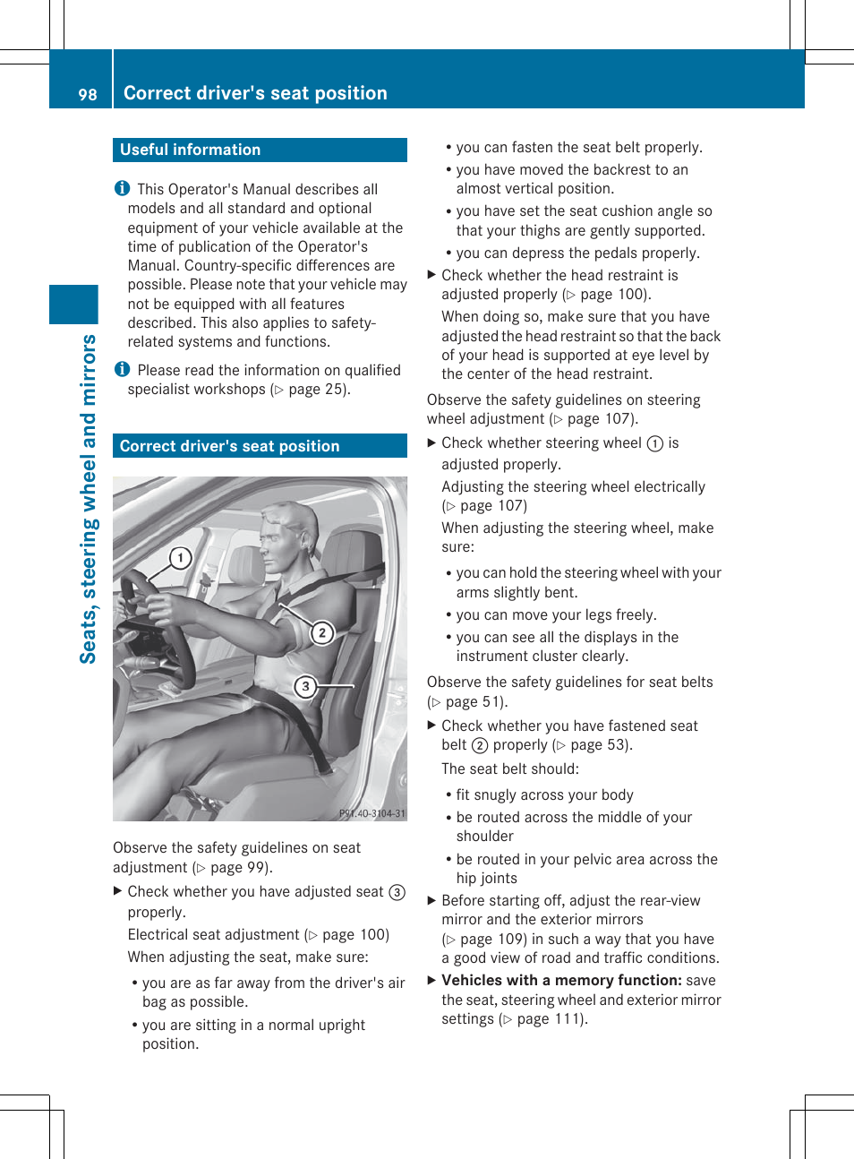 Seats, steering wheel and mirrors, Useful information, Correct driver's seat position | An almost vertical position | Mercedes-Benz E-Sedan 2012 Owners Manual User Manual | Page 100 / 396