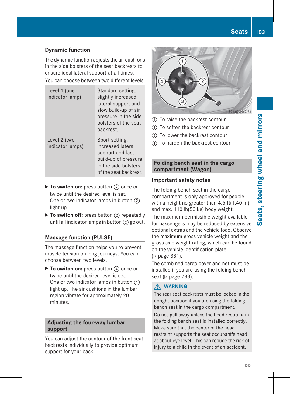 Adjusting the four-way lumbar support, Seats, steering wheel and mirrors, Seats | Mercedes-Benz E-Sedan 2012 Owners Manual User Manual | Page 105 / 396