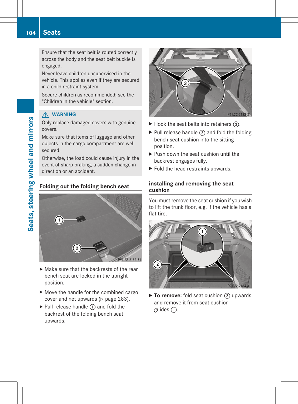 Seats, steering wheel and mirrors, Seats | Mercedes-Benz E-Sedan 2012 Owners Manual User Manual | Page 106 / 396