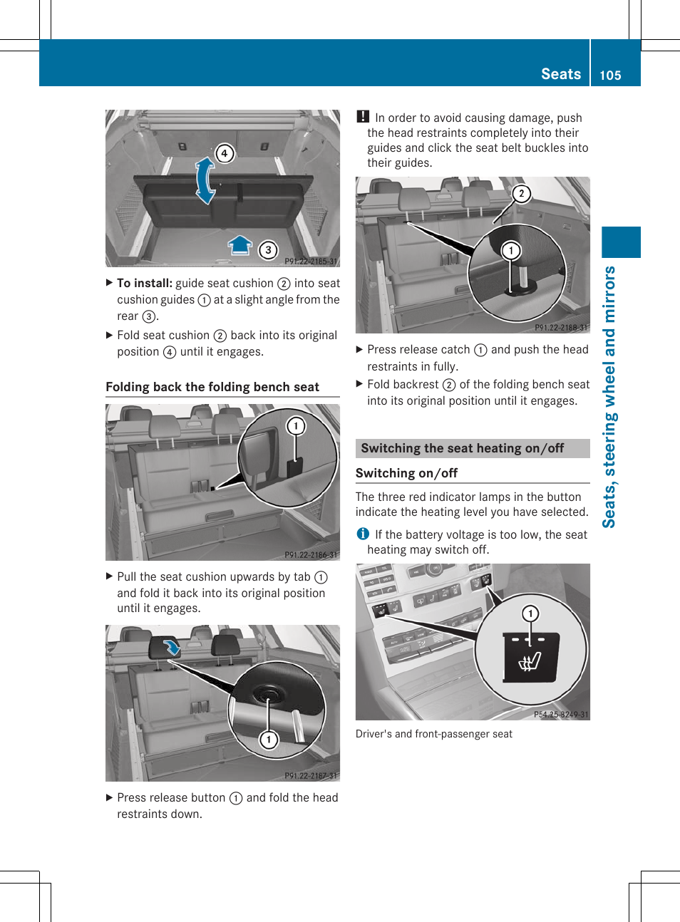 Switching the seat heating on/off, Seats, steering wheel and mirrors, Seats | Mercedes-Benz E-Sedan 2012 Owners Manual User Manual | Page 107 / 396