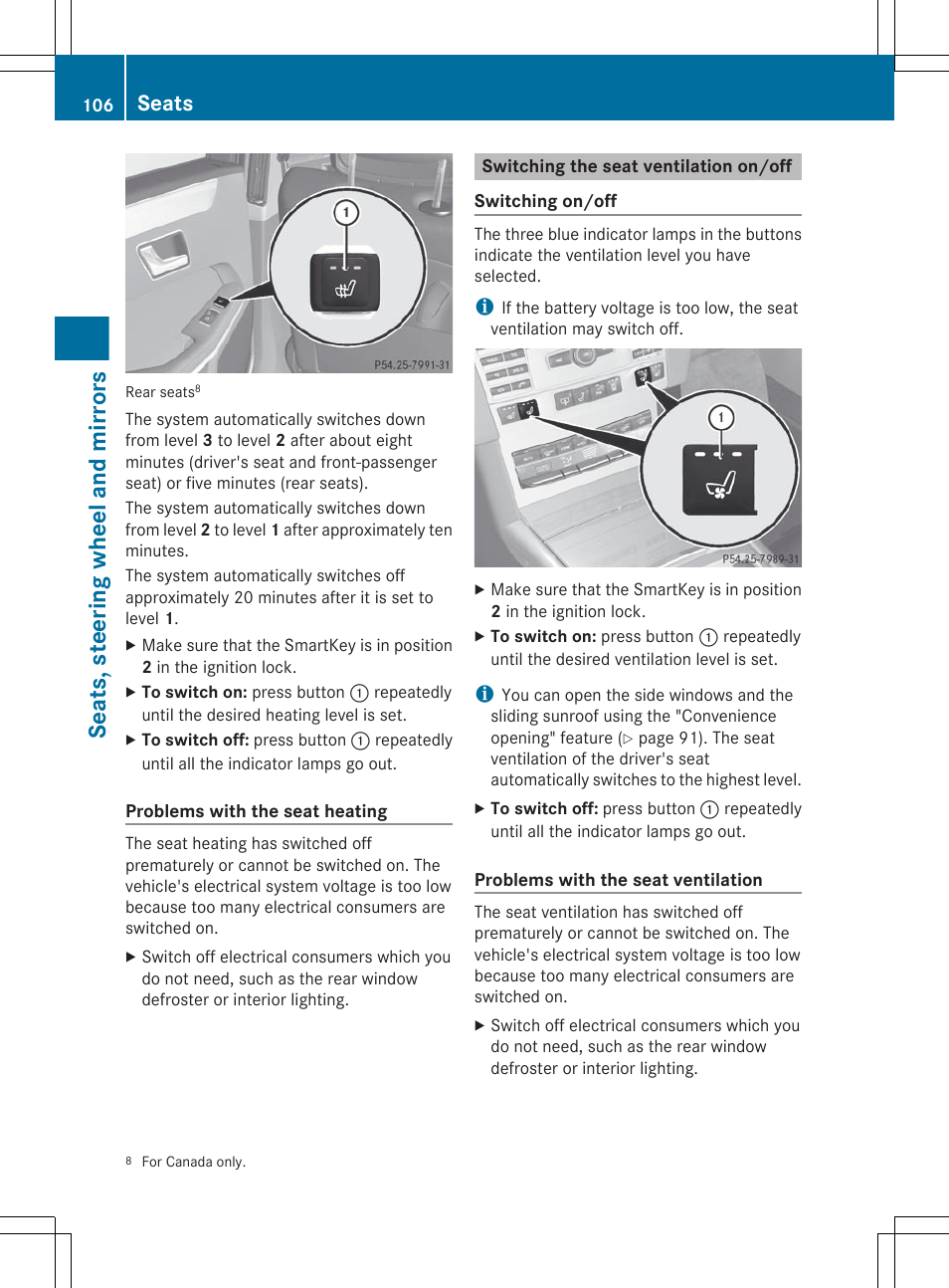 Switching the seat ventilation on/off, Seats, steering wheel and mirrors, Seats | Mercedes-Benz E-Sedan 2012 Owners Manual User Manual | Page 108 / 396