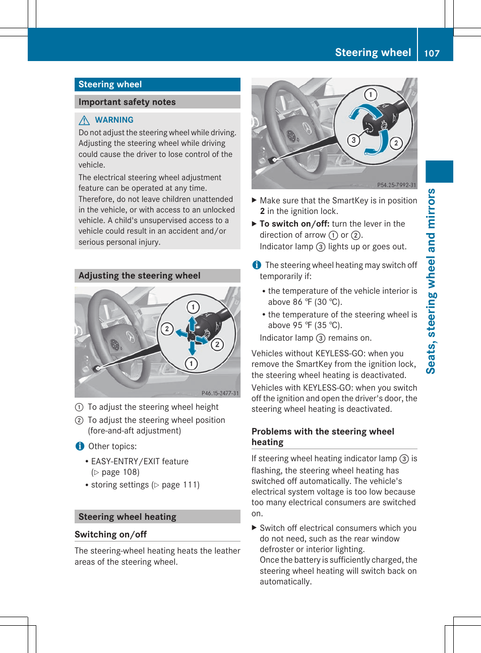 Steering wheel, Important safety notes, Adjusting the steering wheel | Steering wheel heating, Wheel adjustment, Seats, steering wheel and mirrors | Mercedes-Benz E-Sedan 2012 Owners Manual User Manual | Page 109 / 396