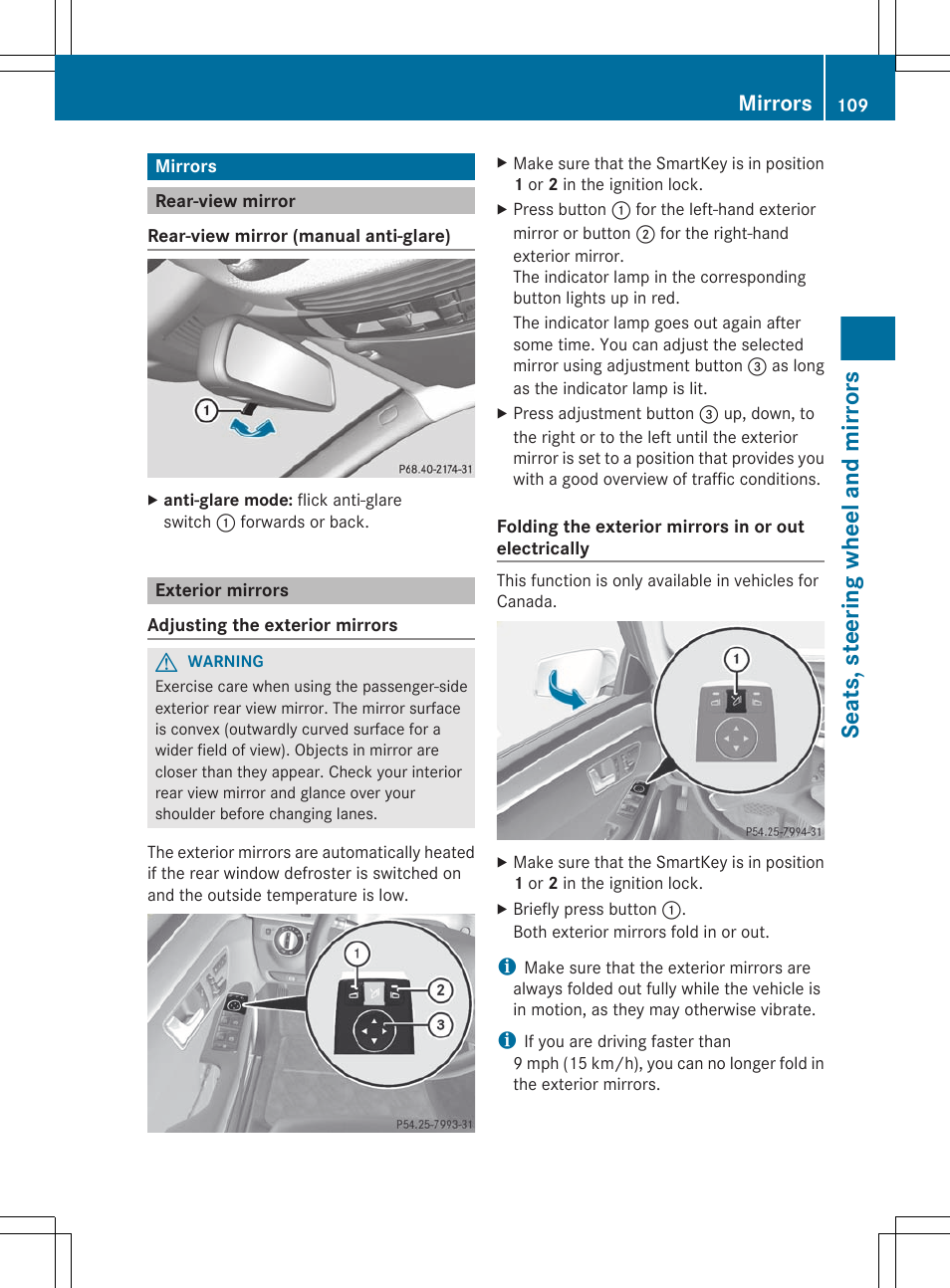 Mirrors, Rear-view mirror, Exterior mirrors | Seats, steering wheel and mirrors | Mercedes-Benz E-Sedan 2012 Owners Manual User Manual | Page 111 / 396