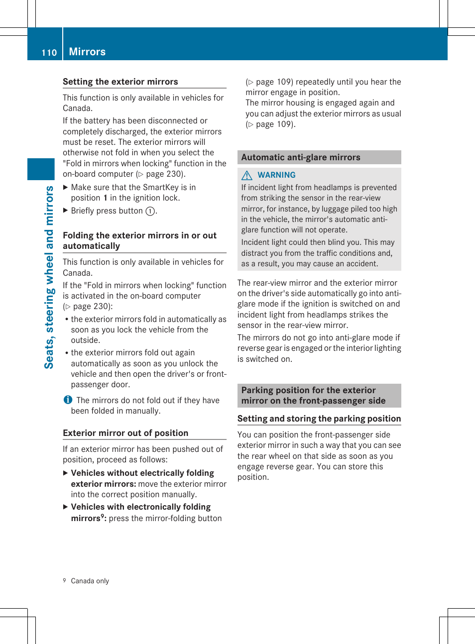 Automatic anti-glare mirrors, Seats, steering wheel and mirrors, Mirrors | Mercedes-Benz E-Sedan 2012 Owners Manual User Manual | Page 112 / 396