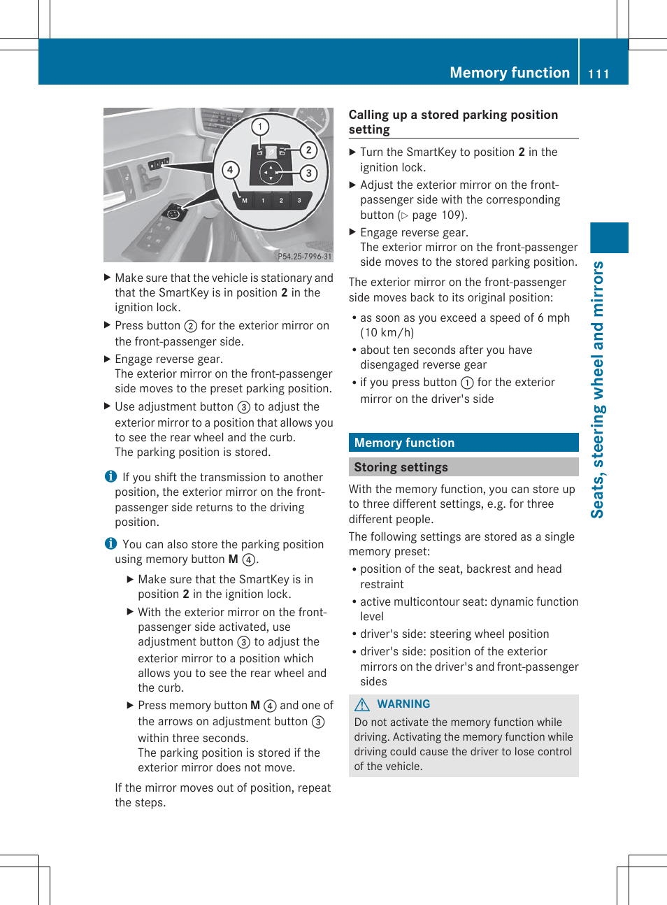 Memory function, Storing settings, Settings | Seats, steering wheel and mirrors | Mercedes-Benz E-Sedan 2012 Owners Manual User Manual | Page 113 / 396