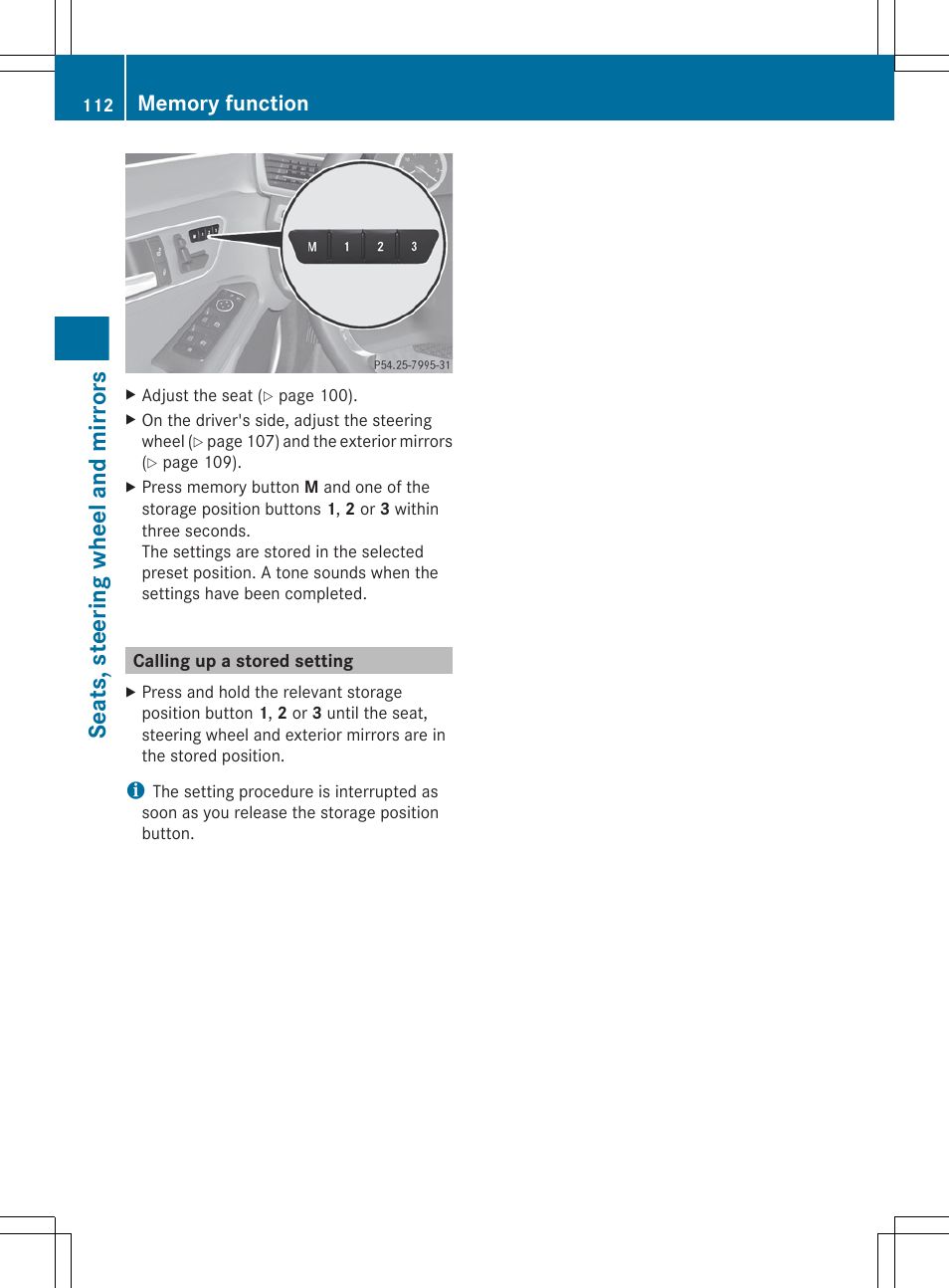 Calling up a stored setting, Seats, steering wheel and mirrors | Mercedes-Benz E-Sedan 2012 Owners Manual User Manual | Page 114 / 396