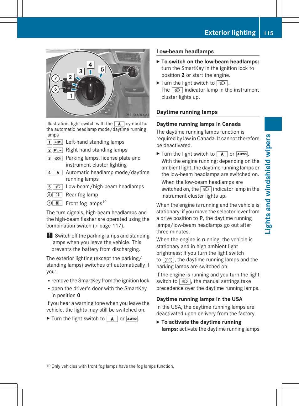 Lights and windshield wipers, Exterior lighting | Mercedes-Benz E-Sedan 2012 Owners Manual User Manual | Page 117 / 396