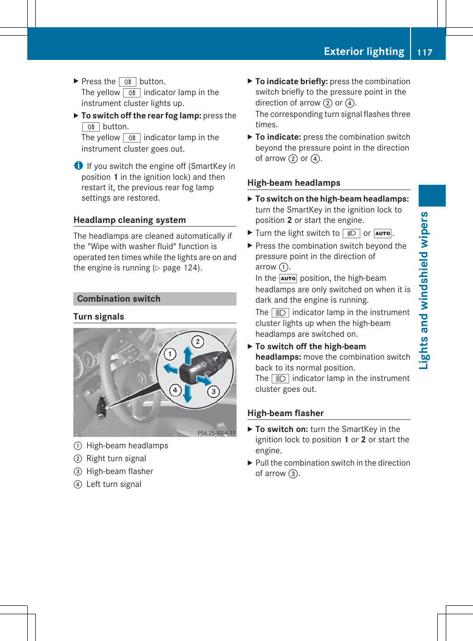 Combination switch, Lights and windshield wipers, Exterior lighting | Mercedes-Benz E-Sedan 2012 Owners Manual User Manual | Page 119 / 396