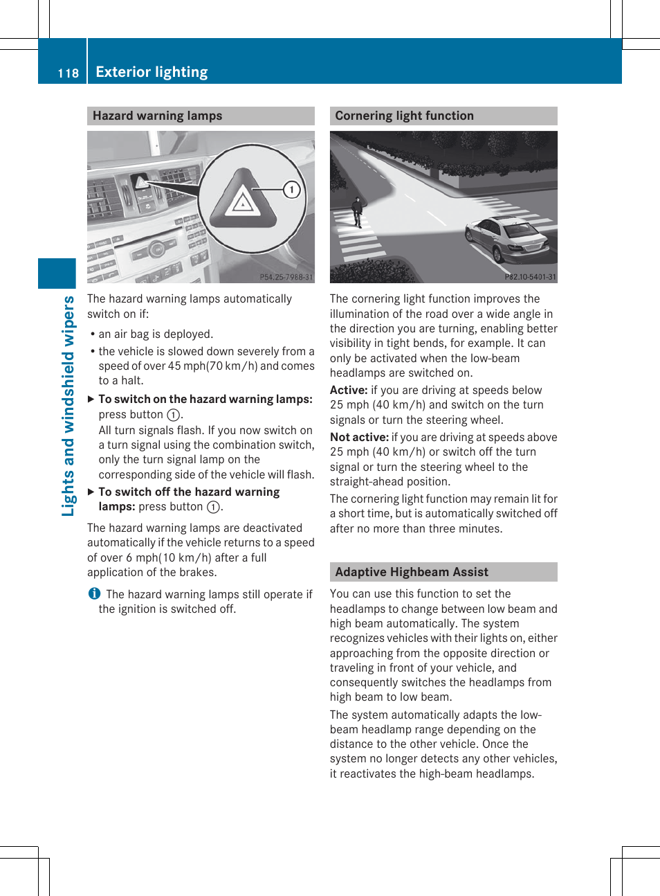 Hazard warning lamps, Cornering light function, Adaptive highbeam assist | Lights and windshield wipers, Exterior lighting | Mercedes-Benz E-Sedan 2012 Owners Manual User Manual | Page 120 / 396