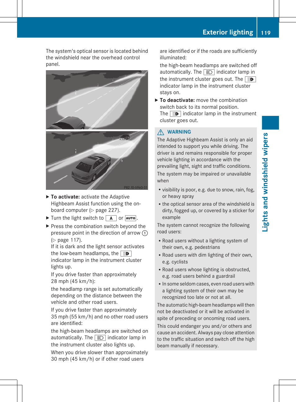 Lights and windshield wipers, Exterior lighting | Mercedes-Benz E-Sedan 2012 Owners Manual User Manual | Page 121 / 396