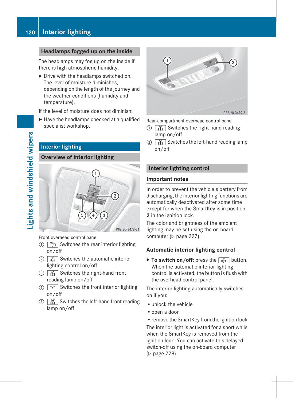 Headlamps fogged up on the inside, Interior lighting, Overview of interior lighting | Interior lighting control, Lights and windshield wipers | Mercedes-Benz E-Sedan 2012 Owners Manual User Manual | Page 122 / 396