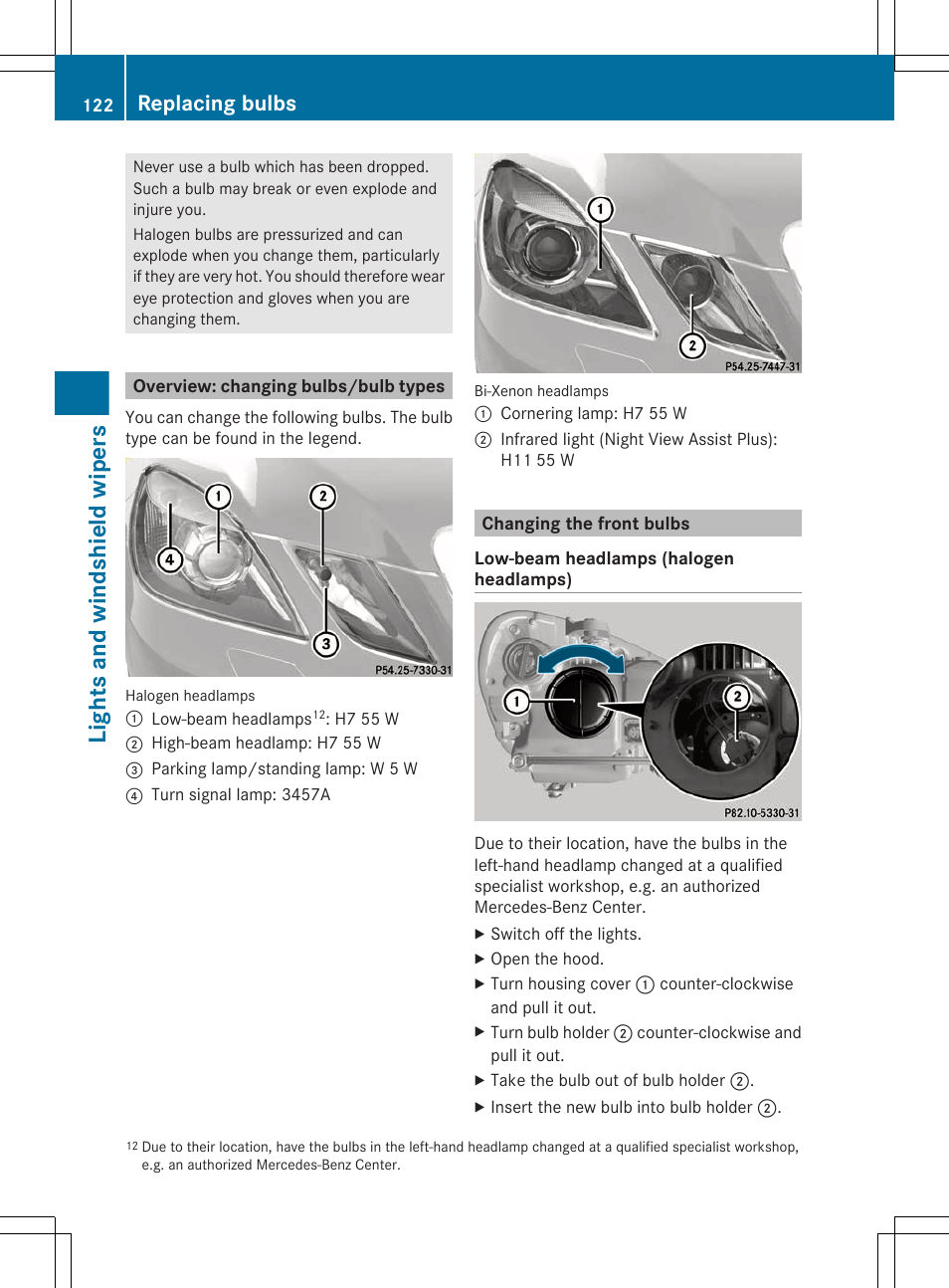 Overview: changing bulbs/bulb types, Changing the front bulbs, Lights and windshield wipers | Replacing bulbs | Mercedes-Benz E-Sedan 2012 Owners Manual User Manual | Page 124 / 396