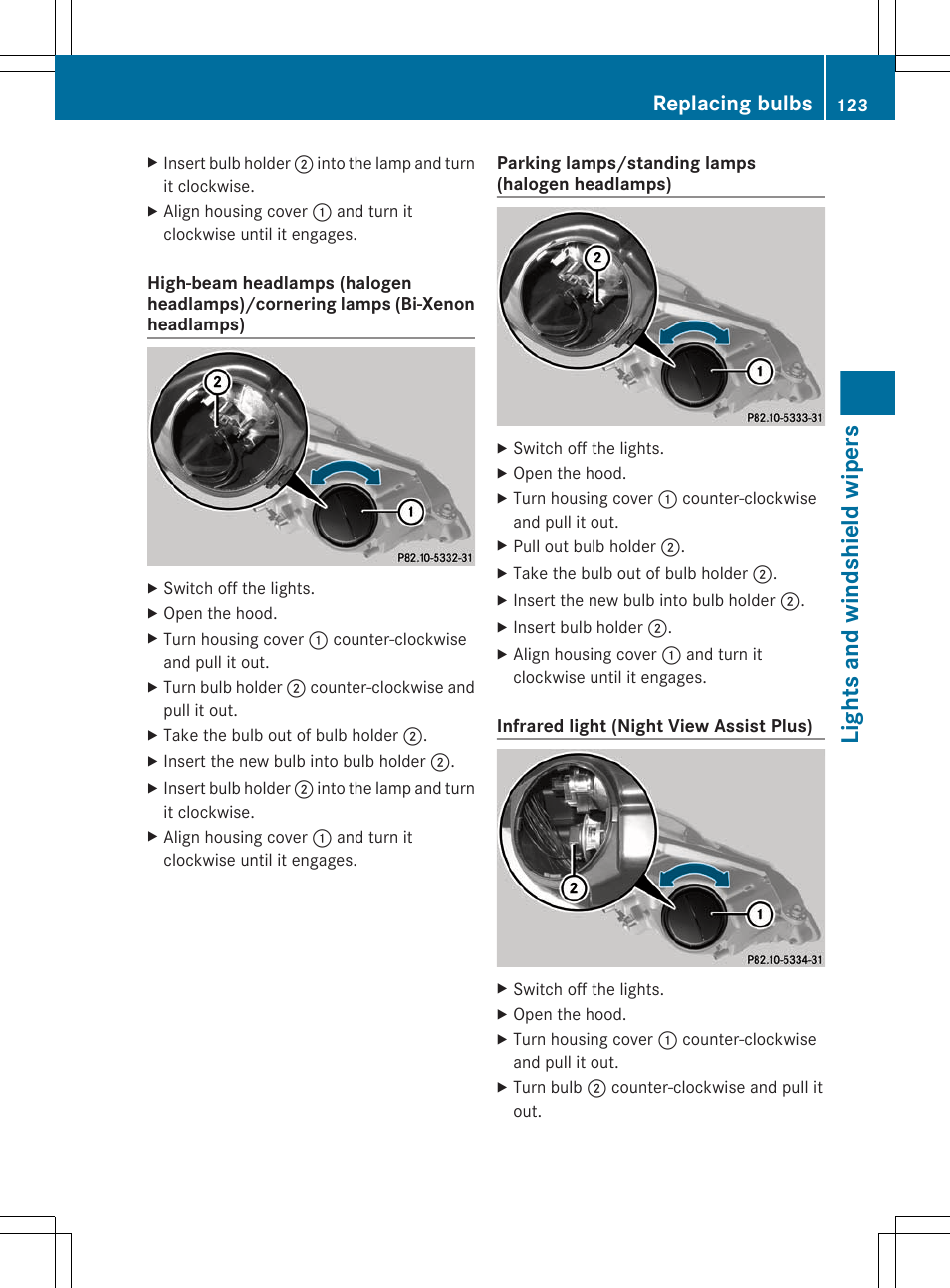 Lights and windshield wipers, Replacing bulbs | Mercedes-Benz E-Sedan 2012 Owners Manual User Manual | Page 125 / 396