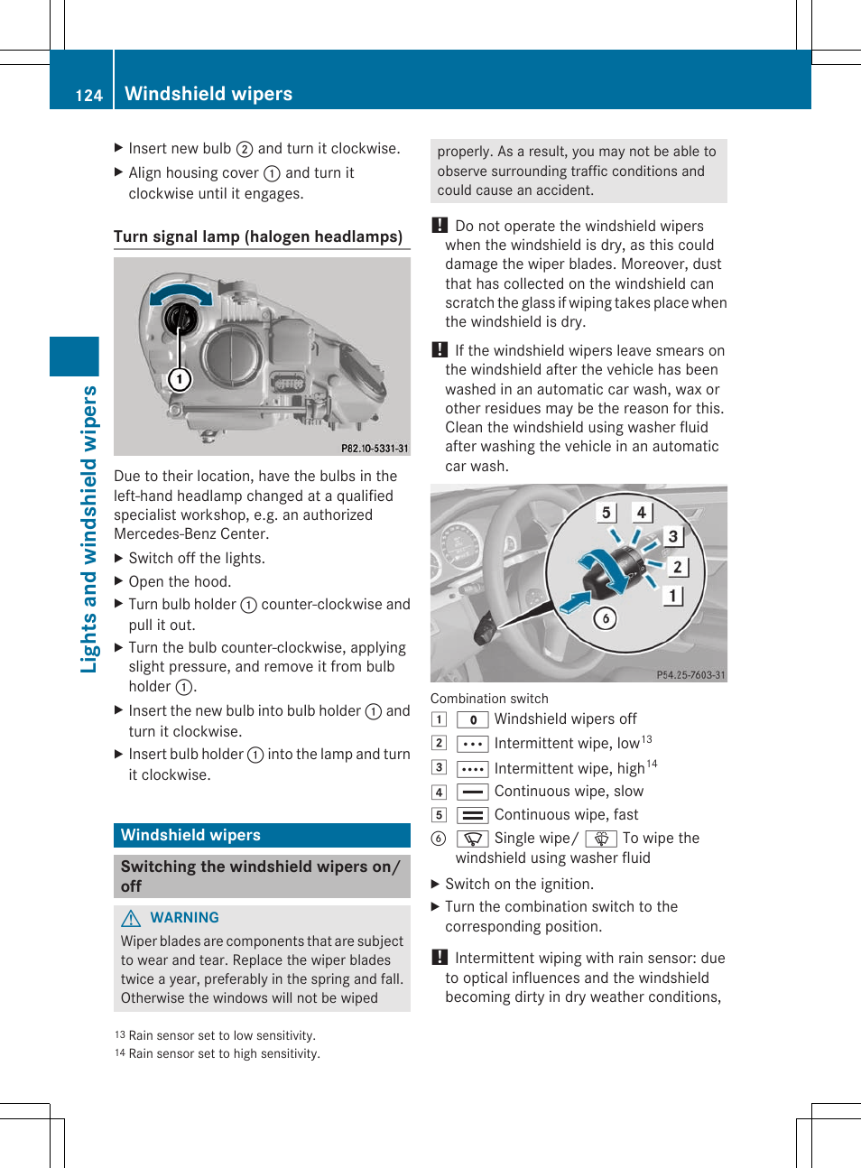 Windshield wipers, Switching the windshield wipers on/off, Lights and windshield wipers | Mercedes-Benz E-Sedan 2012 Owners Manual User Manual | Page 126 / 396