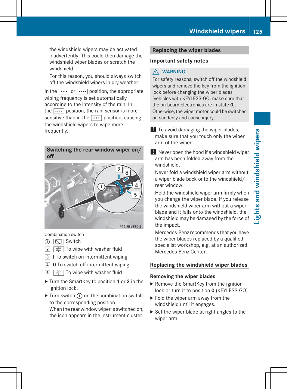 Switching the rear window wiper on/off, Replacing the wiper blades, Lights and windshield wipers | Windshield wipers | Mercedes-Benz E-Sedan 2012 Owners Manual User Manual | Page 127 / 396