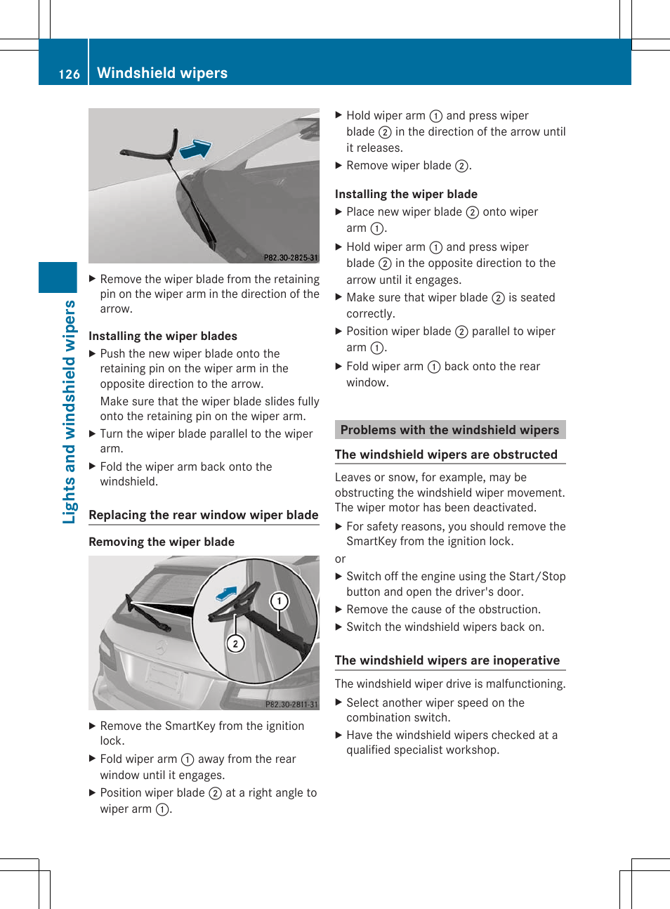 Problems with the windshield wipers, Lights and windshield wipers, Windshield wipers | Mercedes-Benz E-Sedan 2012 Owners Manual User Manual | Page 128 / 396