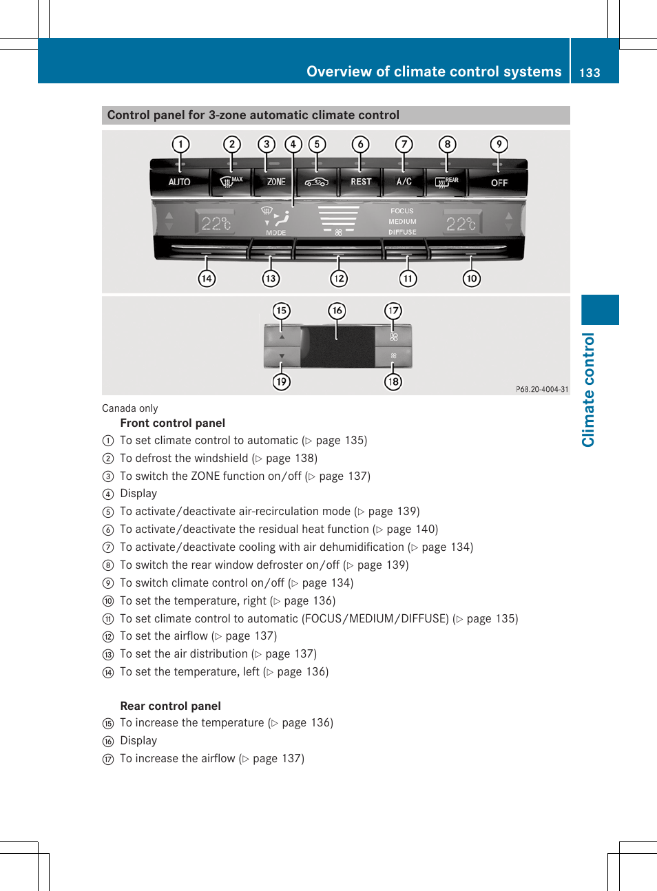 Control panel for 3-zone automatic climate control, Climate control, Overview of climate control systems | Mercedes-Benz E-Sedan 2012 Owners Manual User Manual | Page 135 / 396