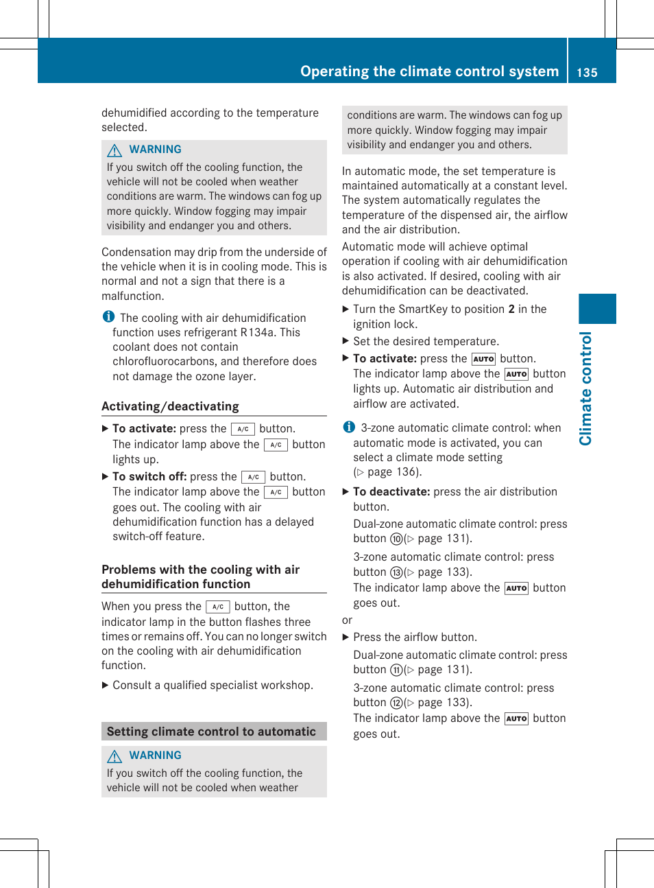 Setting climate control to automatic, To set climate control to automatic, Button | Climate control, Operating the climate control system | Mercedes-Benz E-Sedan 2012 Owners Manual User Manual | Page 137 / 396