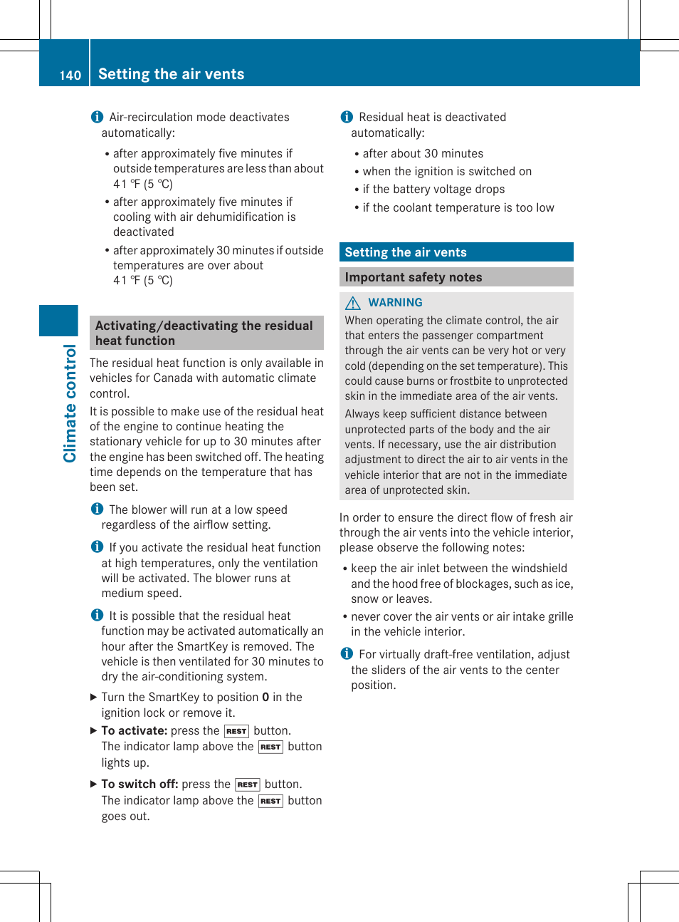 Activating/deactivating the residual heat function, Setting the air vents, Important safety notes | To activate/deactivate the residual heat function, Climate control | Mercedes-Benz E-Sedan 2012 Owners Manual User Manual | Page 142 / 396