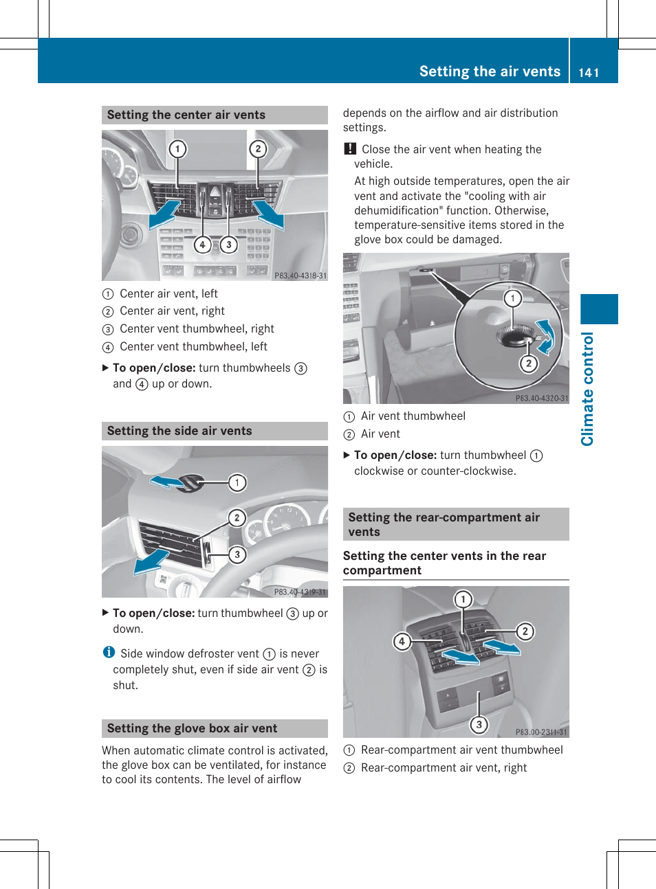 Setting the center air vents, Setting the side air vents, Setting the glove box air vent | Setting the rear-compartment air vents, Climate control, Setting the air vents | Mercedes-Benz E-Sedan 2012 Owners Manual User Manual | Page 143 / 396