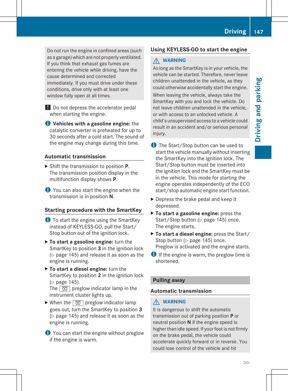 Pulling away, Driving and parking, Driving | Mercedes-Benz E-Sedan 2012 Owners Manual User Manual | Page 149 / 396