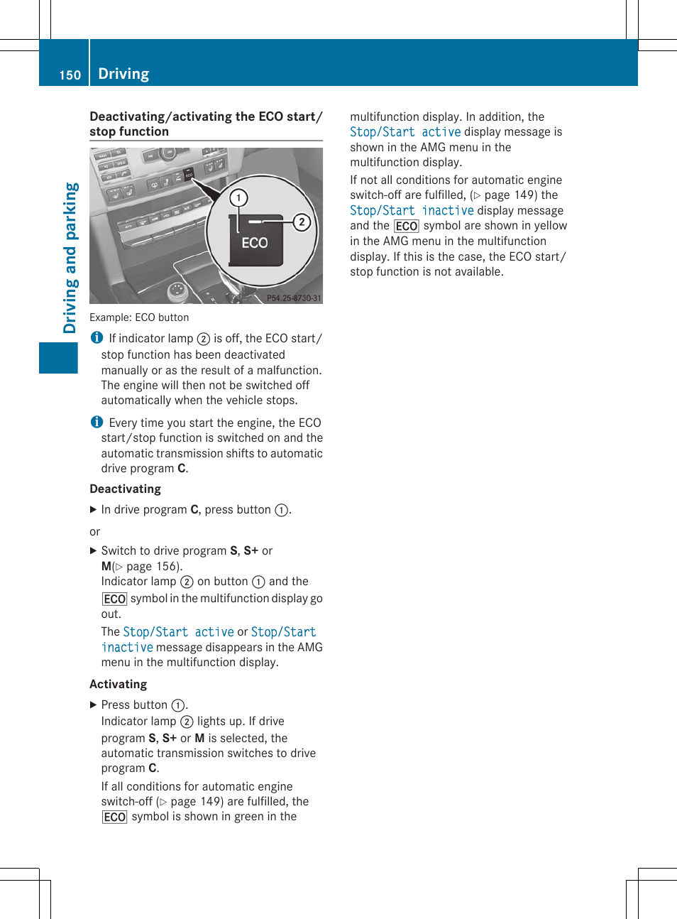 Eco button, Driving and parking, Driving | Mercedes-Benz E-Sedan 2012 Owners Manual User Manual | Page 152 / 396