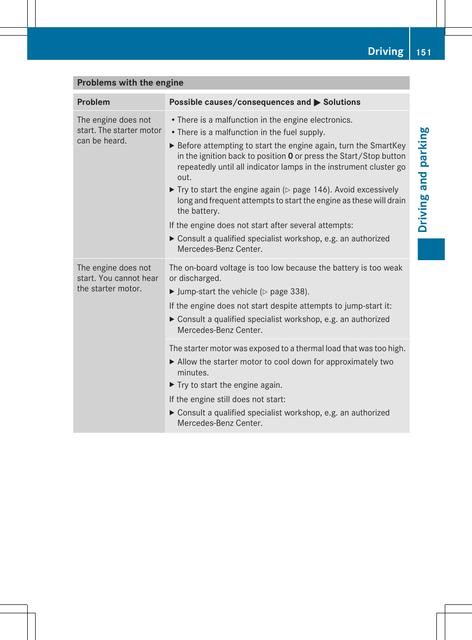 Problems with the engine, Driving and parking, Driving | Mercedes-Benz E-Sedan 2012 Owners Manual User Manual | Page 153 / 396