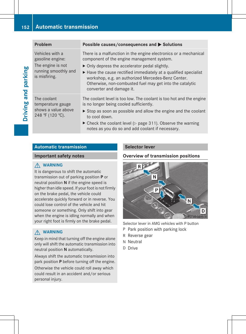 Automatic transmission, Important safety notes, Selector lever | Driving and parking | Mercedes-Benz E-Sedan 2012 Owners Manual User Manual | Page 154 / 396