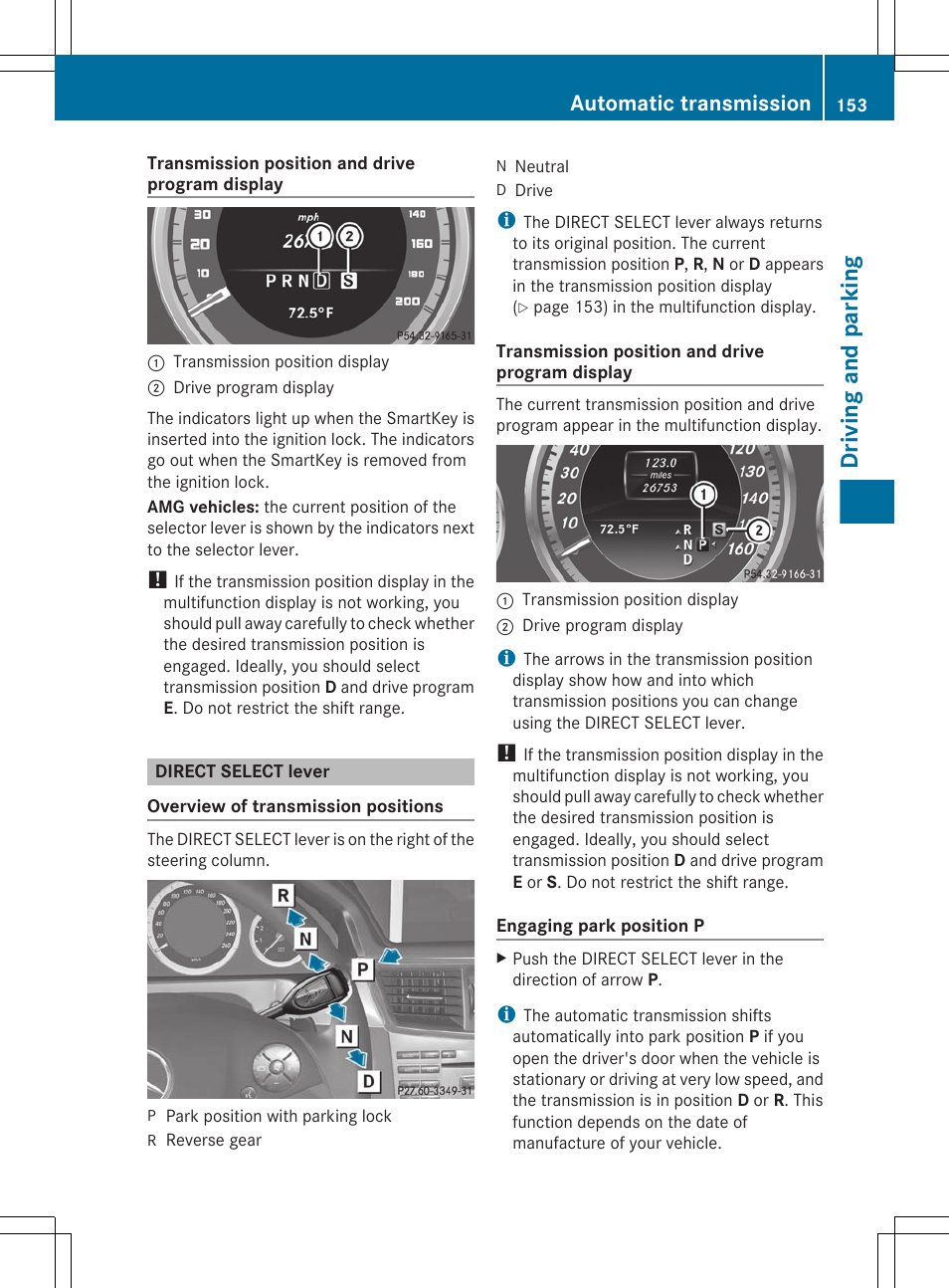 Direct select lever, Driving and parking, Automatic transmission | Mercedes-Benz E-Sedan 2012 Owners Manual User Manual | Page 155 / 396