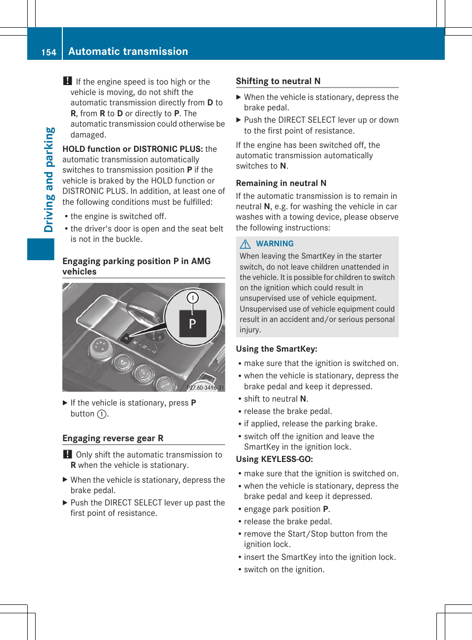 Driving and parking, Automatic transmission | Mercedes-Benz E-Sedan 2012 Owners Manual User Manual | Page 156 / 396