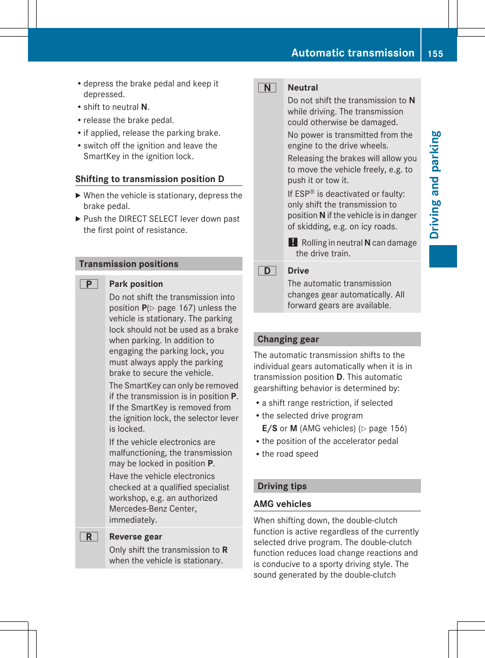 Transmission positions, Changing gear, Driving tips | Driving and parking, Automatic transmission | Mercedes-Benz E-Sedan 2012 Owners Manual User Manual | Page 157 / 396