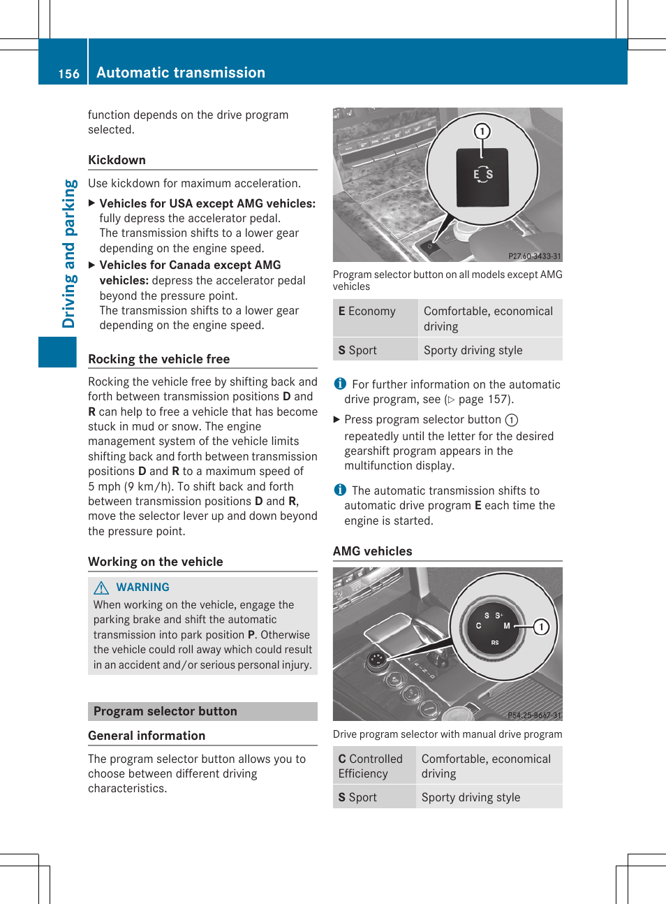 Program selector button, Amg vehicles), Driving and parking | Automatic transmission | Mercedes-Benz E-Sedan 2012 Owners Manual User Manual | Page 158 / 396