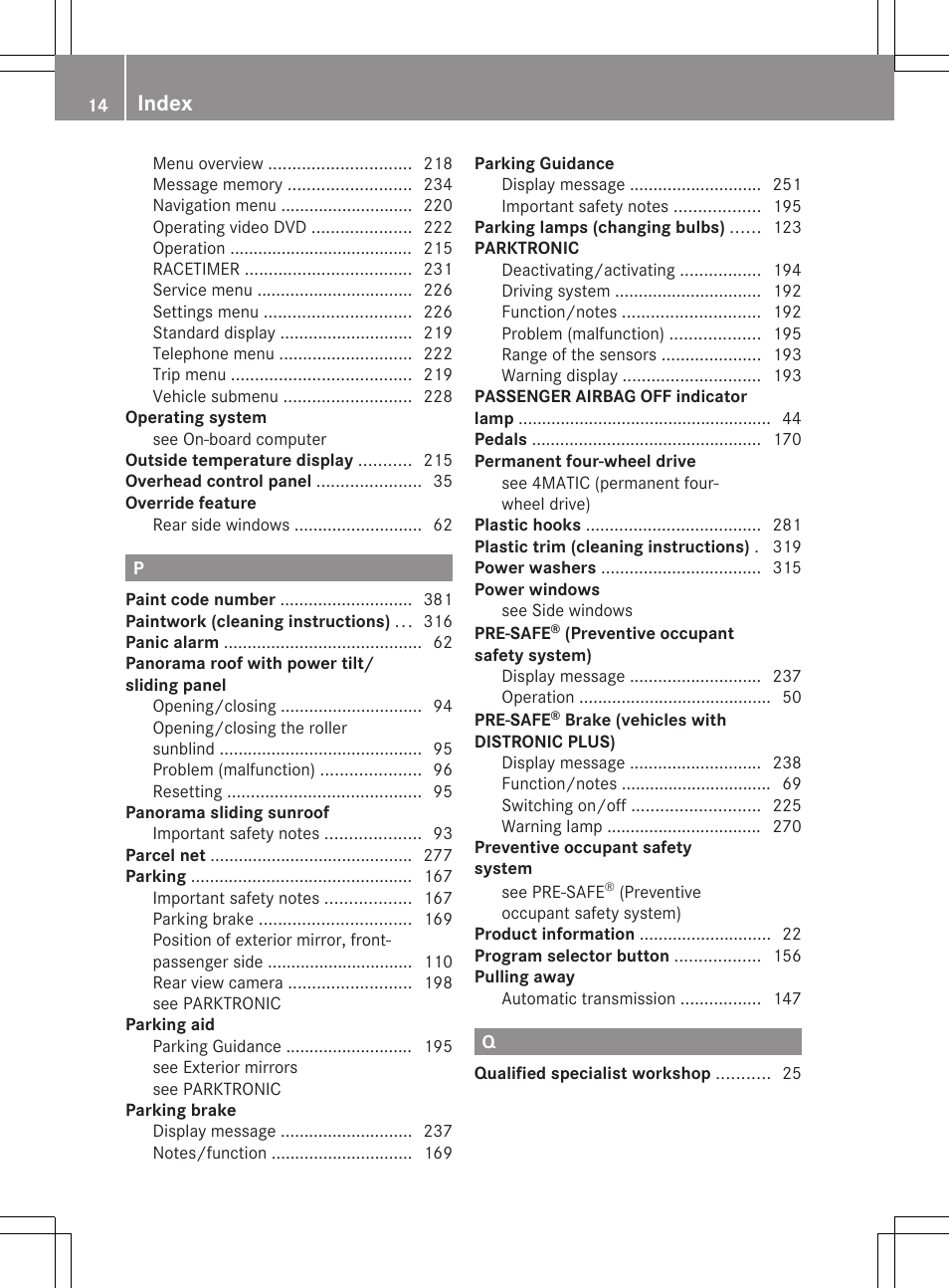 Index | Mercedes-Benz E-Sedan 2012 Owners Manual User Manual | Page 16 / 396